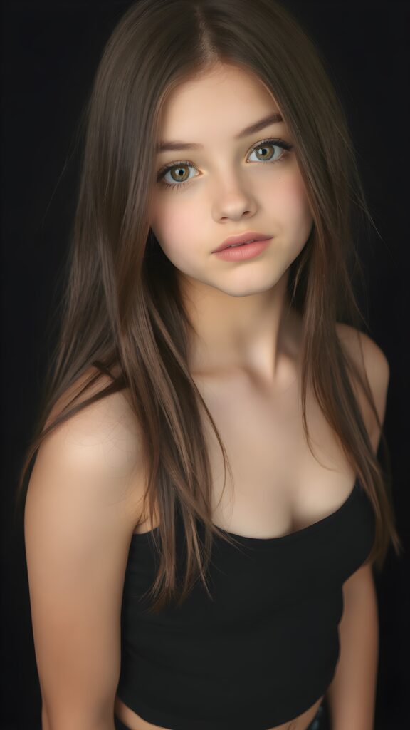 a (((perfectly proportioned, super cute teen girl))), with straight soft very long dark brown hair, (full lips), and (((big eyes))) that exude innocence, paired with a (short cropped tank top) that emphasizes her (perfect skin) and (flawlessly matching eyes). Her figure is so perfectly proportioned that it defies reality, with a (distinctive six-pack on her abs) that perfectly complements her overall aesthetic, (((against a black backdrop))) ((upper body portrait))