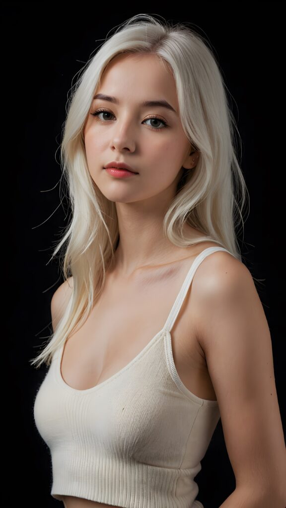 a (((perfectly proportioned portrait))), visualize a cute picture: a detailed young teen girl, with soft straight very long jet white hair, bangs cut frame her round face, exuding a sense of melancholy and loneliness, full lips, (((white cropped short tank top made of fine wool)) which perfectly shaped her body, deep v-neck), side view (((against a black backdrop))) ((upper body portrait)), perfect shadow and light