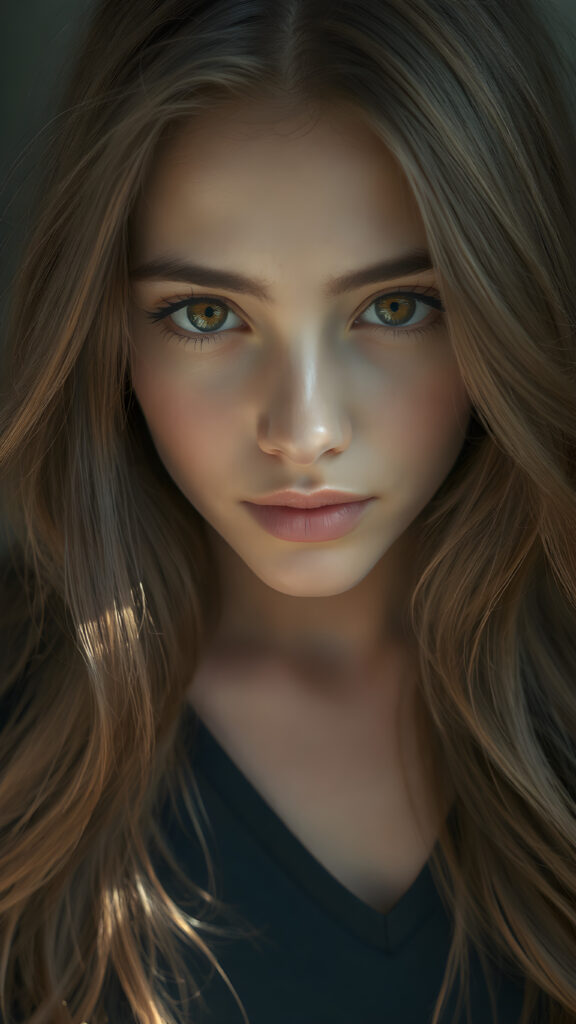 a (((perfectly proportioned portrait))), with stunning (amber eyes) that emit a gentle glow, framed by (soft, long obsidian hair) that creates a cozy, warm atmosphere. The subject is a (((beautiful teen girl))) who exudes self-confidence, with a (healthy glow) on her skin, wearing a (tight deep v-neck crop top) that accentuates her perfect body, complemented by (realistic, detailed soft light) that brings out her (best features)