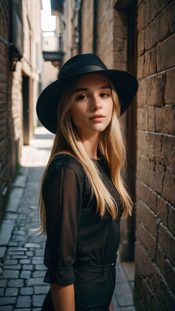 a petite blonde girl with soft long hair, an air of mystery, standing in a shadowy alleyway, she is dressed in a stylish, black short outfit, with a hat casting a shadow over her eyes, her expression is enigmatic, with a slight, knowing smile