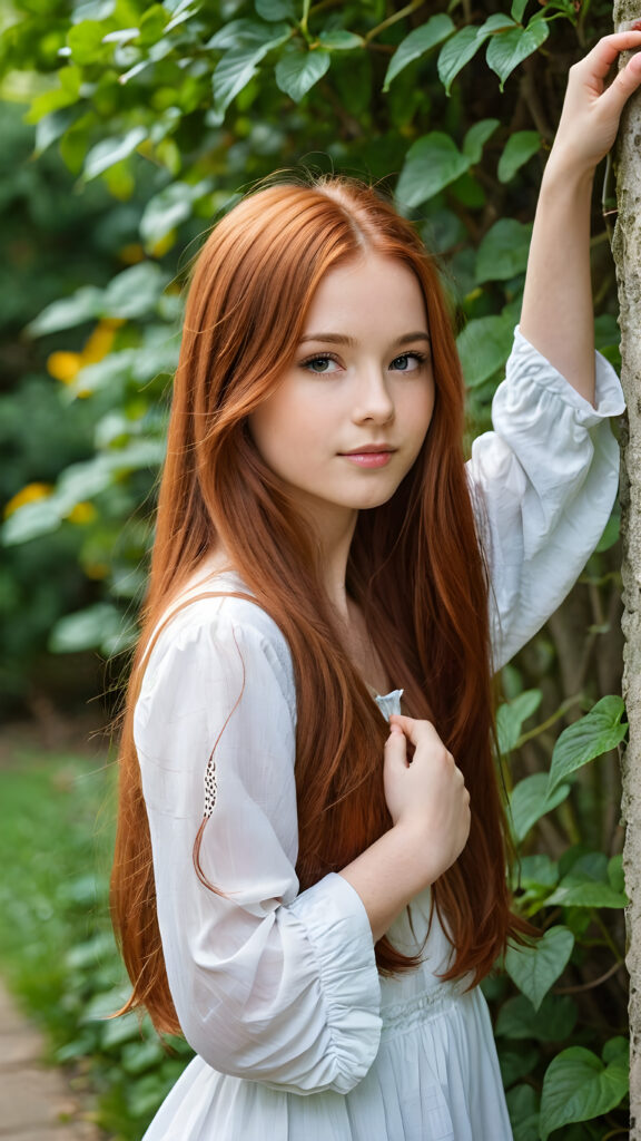 a petite girl with very long auburn hair is preparing to say goodbye