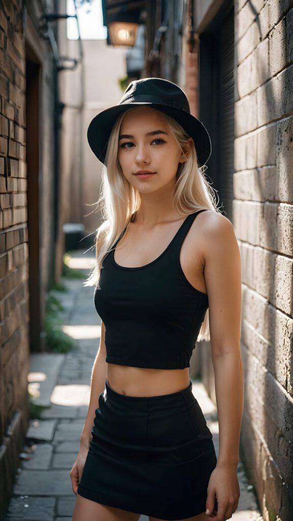 a petite girl with soft long white hair, an air of mystery, standing in a shadowy alleyway, she is dressed in a black short cropped tank top, miniskirt, with a hat casting a shadow over her eyes, her expression is enigmatic, knowing smile