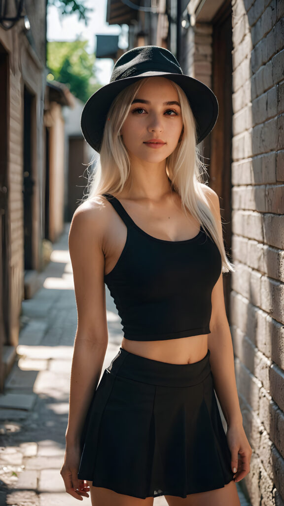 a petite girl with soft long white hair, an air of mystery, standing in a shadowy alleyway, she is dressed in a black short cropped tank top, miniskirt, with a hat casting a shadow over her eyes, her expression is enigmatic, knowing smile