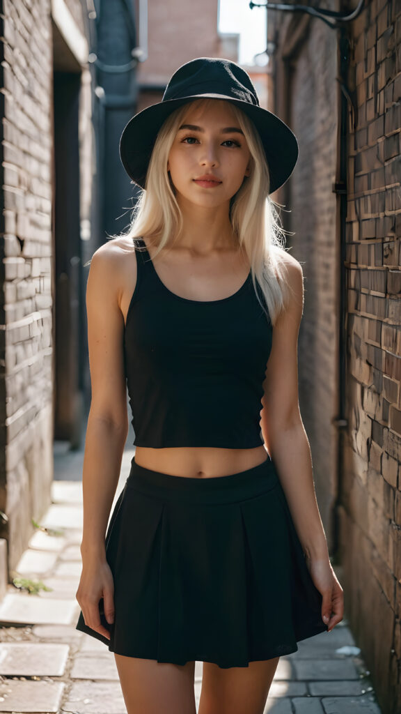 a petite girl with soft long white hair, an air of mystery, standing in a shadowy alleyway, she is dressed in a black short cropped tank top, miniskirt, with a hat casting a shadow over her eyes, her expression is enigmatic, knowing smile