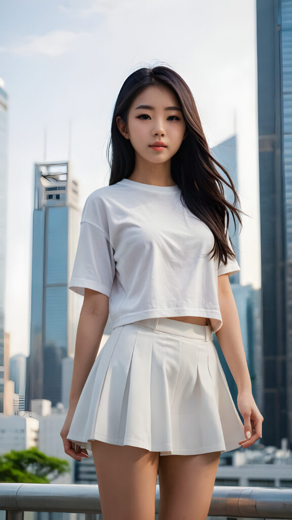 a (((photo))) capturing a (((Japanese teen girl standing alone))), her features sharply detailed and realistic, framed by the sleek silhouette of (((skyscrapers))) in the background, her long, flowing black hair adding a touch of movement and contrast, she has a beautiful, perfectly shaped body, ((stunning)), ((gorgeous)), ((cute)), she wears a plain white t-shirt and a soft round mini skirt