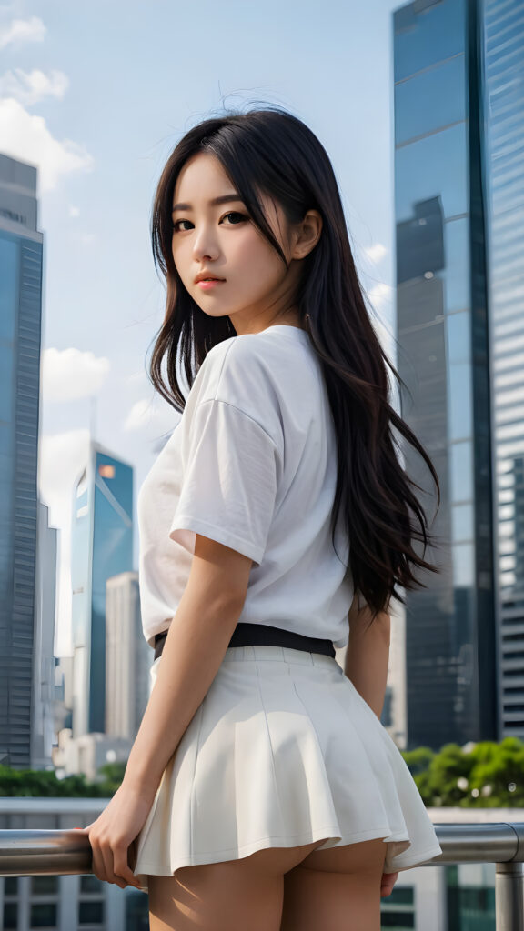 a (((photo))) capturing a (((Japanese teen girl standing alone))), her features sharply detailed and realistic, framed by the sleek silhouette of (((skyscrapers))) in the background, her long, flowing black hair adding a touch of movement and contrast, she has a beautiful, perfectly shaped body, ((stunning)), ((gorgeous)), ((cute)), she wears a plain white t-shirt and a soft round mini skirt