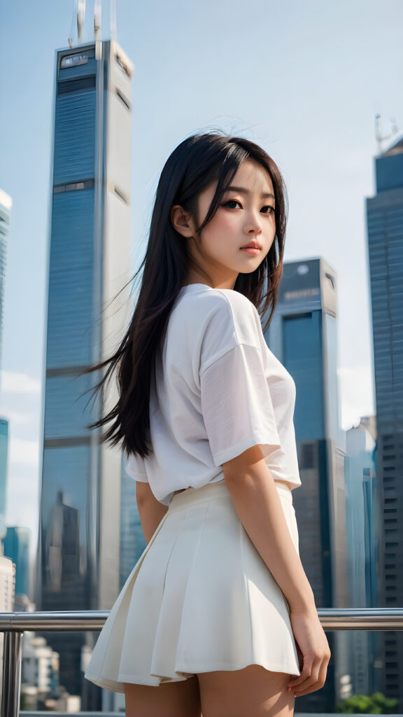 a (((photo))) capturing a (((Japanese teen girl standing alone))), her features sharply detailed and realistic, framed by the sleek silhouette of (((skyscrapers))) in the background, her long, flowing black hair adding a touch of movement and contrast, she has a beautiful, perfectly shaped body, ((stunning)), ((gorgeous)), ((cute)), she wears a plain white t-shirt and a soft round mini skirt