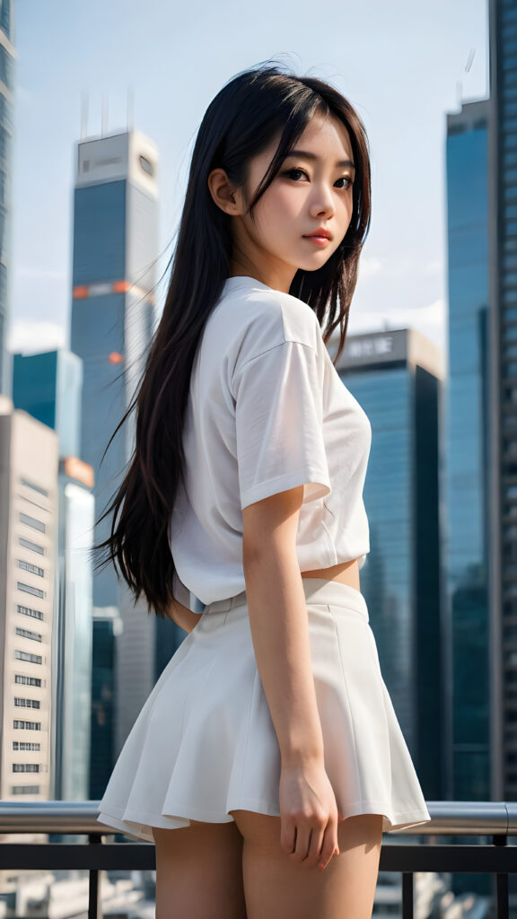 a (((photo))) capturing a (((Japanese teen girl standing alone))), her features sharply detailed and realistic, framed by the sleek silhouette of (((skyscrapers))) in the background, her long, flowing black hair adding a touch of movement and contrast, she has a beautiful, perfectly shaped body, ((stunning)), ((gorgeous)), ((cute)), she wears a plain white t-shirt and a soft round mini skirt