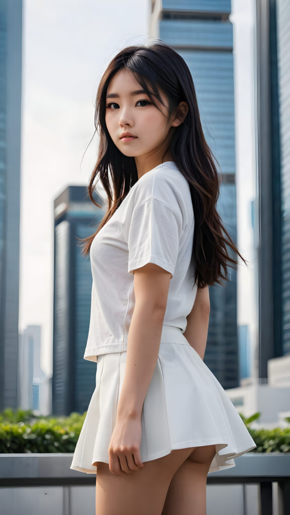 a (((photo))) capturing a (((Japanese teen girl standing alone))), her features sharply detailed and realistic, framed by the sleek silhouette of (((skyscrapers))) in the background, her long, flowing black hair adding a touch of movement and contrast, she has a beautiful, perfectly shaped body, ((stunning)), ((gorgeous)), ((cute)), she wears a plain white t-shirt and a soft round mini skirt