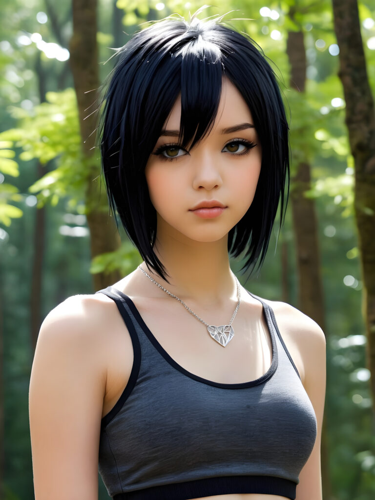 a (((photo))) featuring a (((teenage emo girl))) with sleek straight obsidian black hair and a toned physique, full lips, wearing a cropped silver tank top and a thin silver necklace, striking a seriously gorgeous front-facing pose against a truly stunningly detailed anime-style backdrop of a (spring forest), with her expression adding a touch of melancholy that completes the realistically authentic emo aesthetic