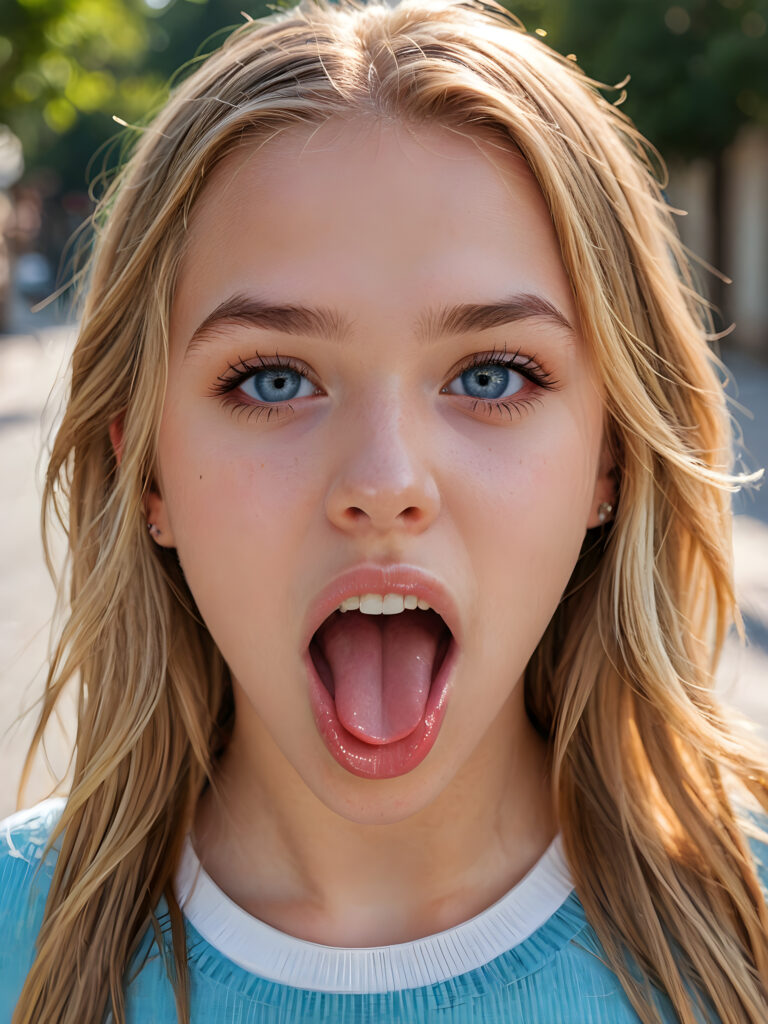 a photo of a young cute girl, 14 years old, with a beautiful face, realistic and hyper realistic, with long, straight jet blond hair, reflective light blue eyes, beautiful, flawless complexion, perfect face, ultra fine, extreme realism, extremely detailed, (((open mouth and she sticks out her round perfect tongue))) ((view from above))