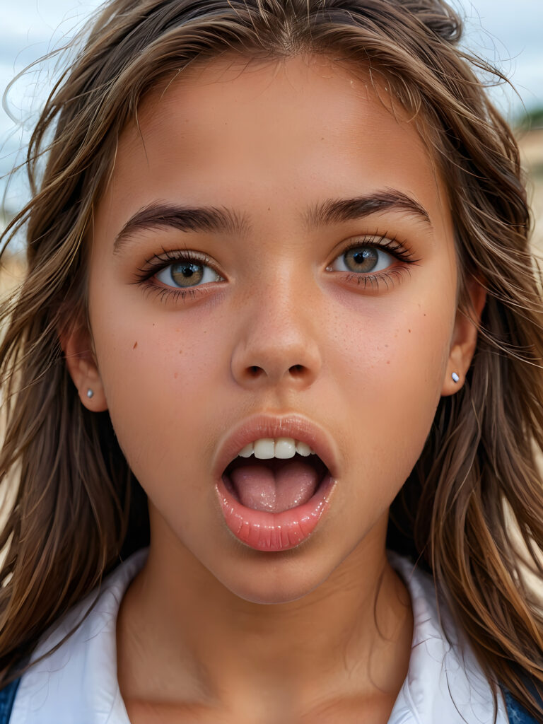 a photo of a young tanned cute girl, 14 years old, with a beautiful face, realistic and hyper realistic, with long, messy hair, reflective eyes, beautiful, flawless complexion, perfect face, ultra fine, extreme realism, extremely detailed, (((open mouth and she sticks out her tongue)))