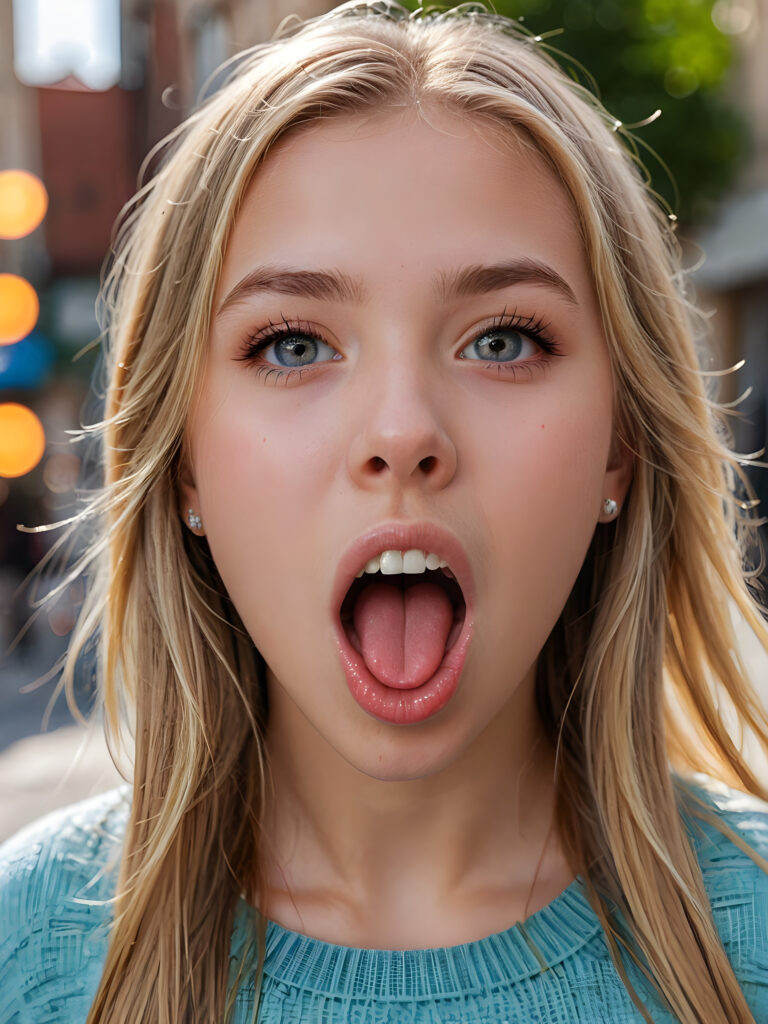 a photo of a young cute girl, 14 years old, with a beautiful face, realistic and hyper realistic, with long, straight jet blond hair, reflective light blue eyes, beautiful, flawless complexion, perfect face, ultra fine, extreme realism, extremely detailed, (((open mouth and she sticks out her round perfect tongue))) ((view from above))