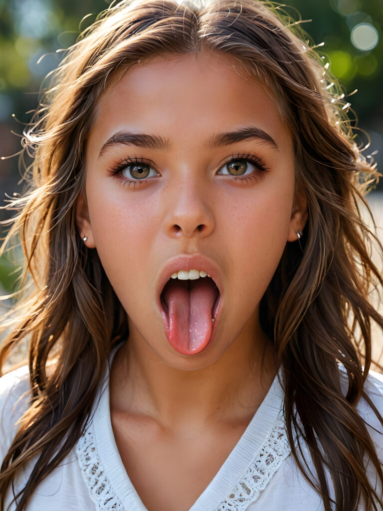 a photo of a young tanned cute girl, 14 years old, with a beautiful face, realistic and hyper realistic, with long, messy hair, reflective eyes, beautiful, flawless complexion, perfect face, ultra fine, extreme realism, extremely detailed, (((open mouth and she sticks out her tongue)))