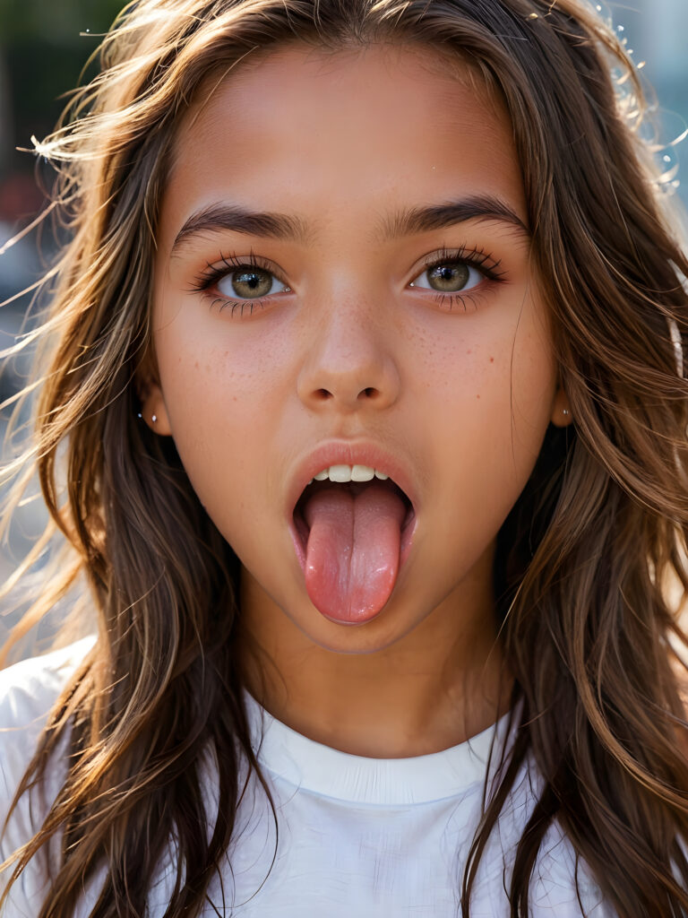 a photo of a young tanned cute girl, 14 years old, with a beautiful face, realistic and hyper realistic, with long, messy hair, reflective eyes, beautiful, flawless complexion, perfect face, ultra fine, extreme realism, extremely detailed, (((open mouth and she sticks out her tongue)))