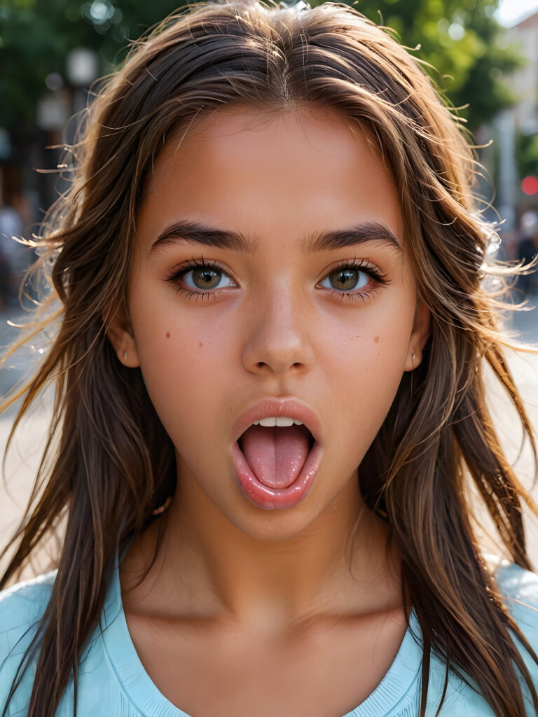 a photo of a young tanned cute girl, 14 years old, with a beautiful face, realistic and hyper realistic, with long, messy hair, reflective eyes, beautiful, flawless complexion, perfect face, ultra fine, extreme realism, extremely detailed, (((open mouth and she sticks out her tongue)))