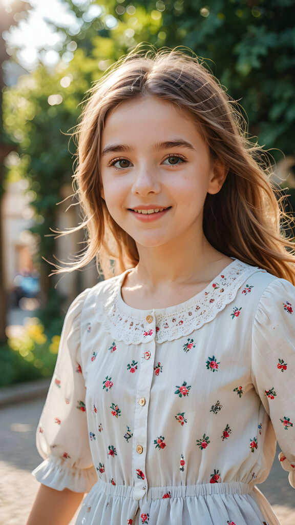 a playful (((young girl, 16 years old))) with rosy cheeks and bright eyes, capturing a wholesome, (((cuteness))), dressed in a (simple, sunny outfit)