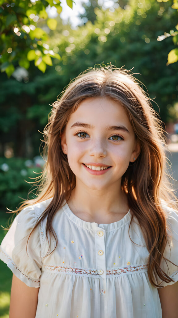 a playful (((young girl, 16 years old))) with rosy cheeks and bright eyes, capturing a wholesome, (((cuteness))), dressed in a (simple, sunny outfit)