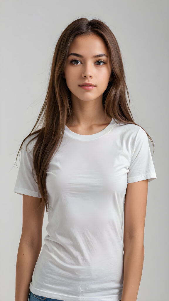 a ((portrait)) of (((cute))) (((elegant))) ((attractive)) (((long, straight hair))) ((stunning)) a beautifully realistic, cinematic lights, Exotic teen girl, realistic detailed angelic round face, ((realistic detailed eye)) look at the camera, portrait shot, perfect curved body, (wears a super short tight (white t-shirt), perfect anatomy, white background, side perspective, ((no background))