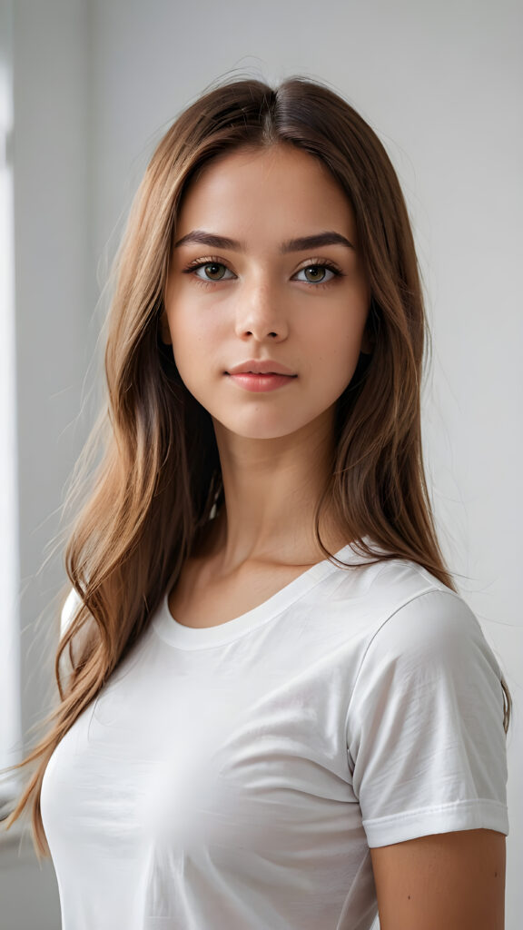 a ((portrait)) of (((cute))) (((elegant))) ((attractive)) (((long, straight hair))) ((stunning)) a beautifully realistic, cinematic lights, Exotic teen girl, realistic detailed angelic round face, ((realistic detailed eye)) look at the camera, portrait shot, perfect curved body, (wears a super short tight (white t-shirt), perfect anatomy, white background, side perspective, ((no background))