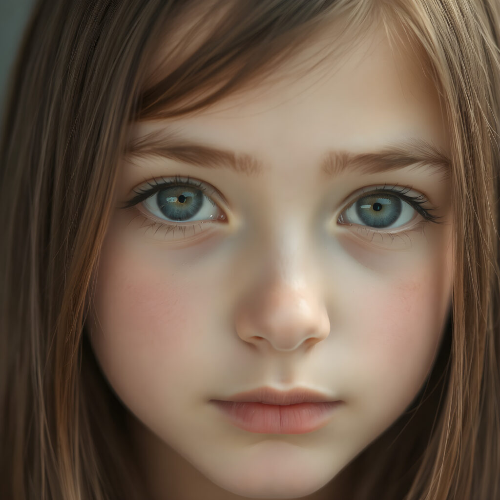 a portrait of a (((beautiful, youthful girl))) with ((moderately imperfect skin)) and ((intricate details around her eyes)), sporting ((long, straight brown hair)) and ((light brown eyes)), full kissable lips, light blue detailed and realistic eyes, (((looking into the camera))) with ((natural, soft lighting)) and ((detailed, symmetrical eyes)), capturing ((perfect, matching eyes)) and ((creating a harmonious, balanced composition)) that exudes ((high realism)) at an (8K resolution)