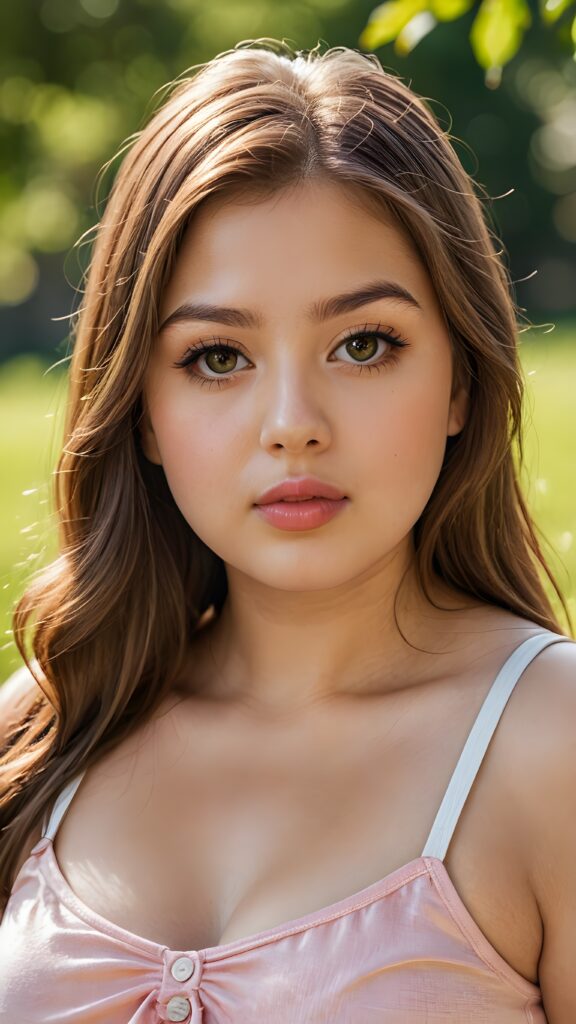 a portrait of a (((cute, beautiful, young, chubby, plump lips, big eyes))) ((busty)) teen girl with ((silky smooth, straight long light brown soft detailed hair)) covering her shoulders and upper body. She wears a ((low cut, tight, form-fitting, empty tank top)). All against a sunny green grassy backdrop