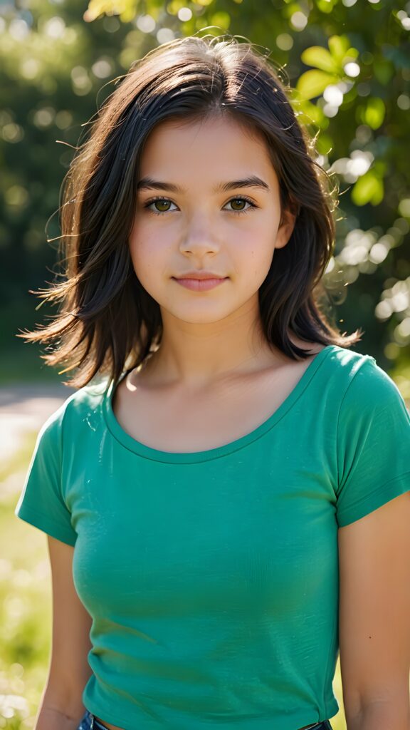 a portrait of a young, beautiful teen girl, 13 years old, with shoulder-length black soft hair, her eyes shine and she has flawless skin, a perfect face, short cropped plain t-shirt, against a sunny green backdrop