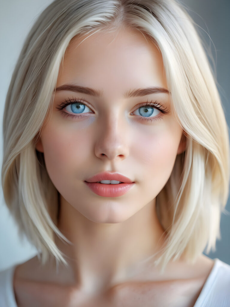 a portrait of a young, beautiful girl with shoulder-length, thin platinum-blonde hair. Her light blue eyes shine. She has white skin. A perfect face and plump, full lips. Her mouth is slightly open. Song shadow emphasizes her beautiful eyes. Perfect make-up