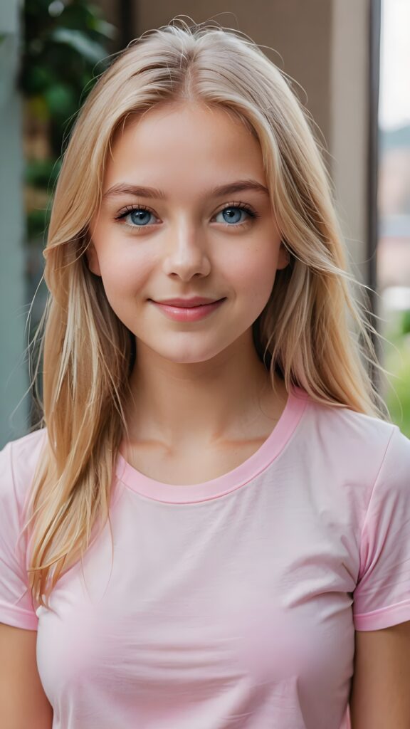 a portrait of a young girl with silky smooth, straight long blonde hair. Her hair falls over her shoulders and covers her upper body. She has sparkling, light blue eyes and a charming smile, ((she wears a tight, form-fitting short pink empty T-shirt))