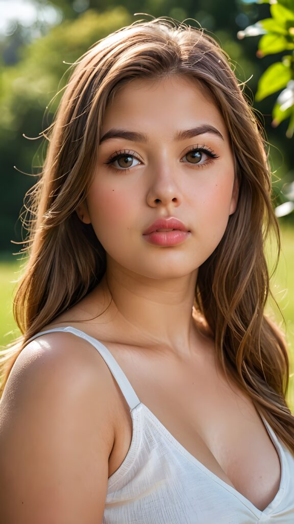 a portrait of a (((cute, beautiful, young, chubby, plump lips, big eyes))) ((busty)) teen girl with ((silky smooth, straight long light brown soft detailed hair)) covering her shoulders and upper body. She wears a ((low cut, tight, form-fitting, empty tank top)). All against a sunny green grassy backdrop