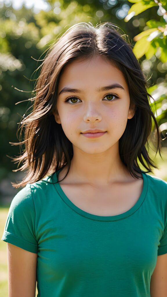 a portrait of a young, beautiful teen girl, 13 years old, with shoulder-length black soft hair, her eyes shine and she has flawless skin, a perfect face, short cropped plain t-shirt, against a sunny green backdrop