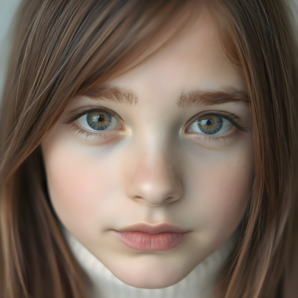 a portrait of a (((beautiful, youthful girl))) with ((moderately imperfect skin)) and ((intricate details around her eyes)), sporting ((long, straight brown hair)) and ((light brown eyes)), full kissable lips, light blue detailed and realistic eyes, (((looking into the camera))) with ((natural, soft lighting)) and ((detailed, symmetrical eyes)), capturing ((perfect, matching eyes)) and ((creating a harmonious, balanced composition)) that exudes ((high realism)) at an (8K resolution)