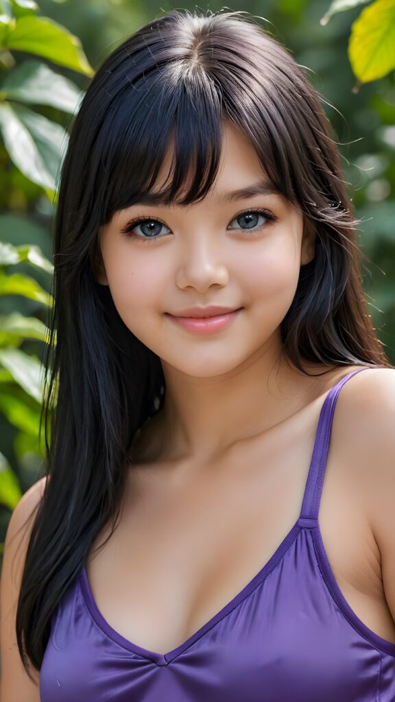 a portrait of a young 13 years old chubby girl with ((silky smooth, straight long dark blue obsidian soft detailed hair, bangs)). Her very long hair falls over her shoulders and covers her upper body. She has sparkling, light blue eyes and a charming smile white teeth, full kissable lips, ((she wears a tight, form-fitting short violet empty tank top with deep v-neck)), all against a sunny green backdrop