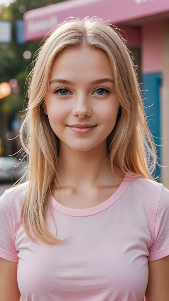 a portrait of a young girl with silky smooth, straight long blonde hair. Her hair falls over her shoulders and covers her upper body. She has sparkling, light blue eyes and a charming smile, ((she wears a tight, form-fitting short pink empty T-shirt))