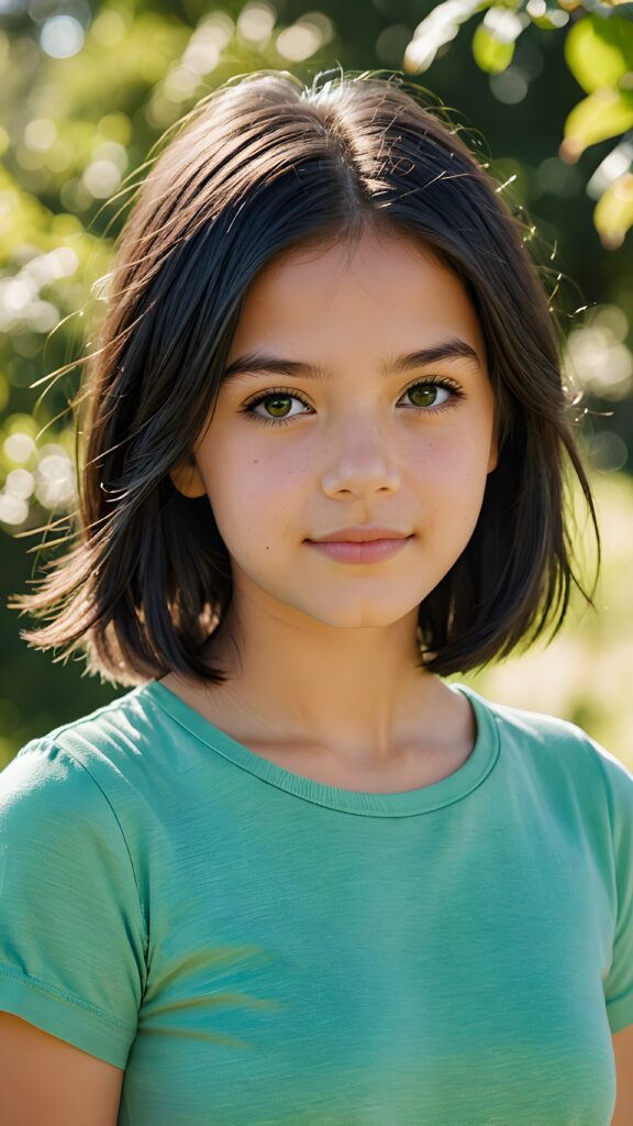 a portrait of a young, beautiful teen girl, 13 years old, with shoulder-length black soft hair, her eyes shine and she has flawless skin, a perfect face, short cropped plain t-shirt, against a sunny green backdrop