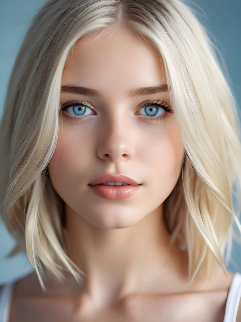 a portrait of a young, beautiful girl with shoulder-length, thin platinum-blonde hair. Her light blue eyes shine. She has white skin. A perfect face and plump, full lips. Her mouth is slightly open. Song shadow emphasizes her beautiful eyes. Perfect make-up