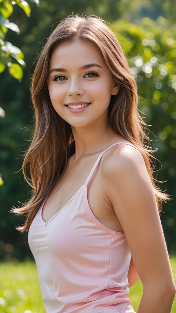 a portrait of a young busty girl with ((silky smooth, straight long light brown soft detailed hair)). Her hair falls over her shoulders and covers her upper body. She has sparkling, light blue eyes and a charming smile, full kissable lips, ((she wears a tight, form-fitting short pink empty tank top with deep v-neck)), all against a sunny green backdrop