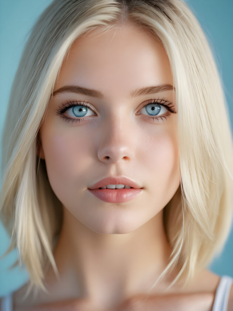 a portrait of a young, beautiful girl with shoulder-length, thin platinum-blonde hair. Her light blue eyes shine. She has white skin. A perfect face and plump, full lips. Her mouth is slightly open. Song shadow emphasizes her beautiful eyes. Perfect make-up