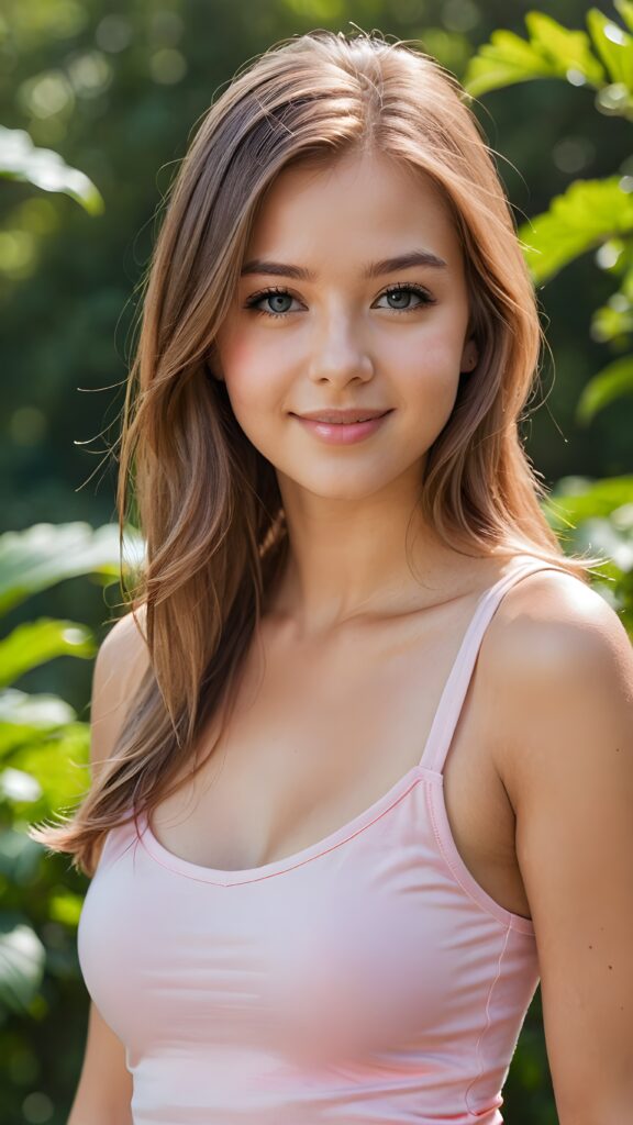 a portrait of a young busty girl with ((silky smooth, straight long light brown soft detailed hair)). Her hair falls over her shoulders and covers her upper body. She has sparkling, light blue eyes and a charming smile, full kissable lips, ((she wears a tight, form-fitting short pink empty tank top with deep v-neck)), all against a sunny green backdrop