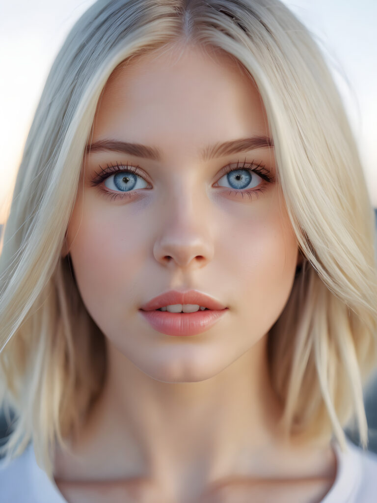 a portrait of a young, beautiful girl with shoulder-length, thin platinum-blonde hair. Her light blue eyes shine. She has white skin. A perfect face and plump, full lips. Her mouth is slightly open. Song shadow emphasizes her beautiful eyes. Perfect make-up