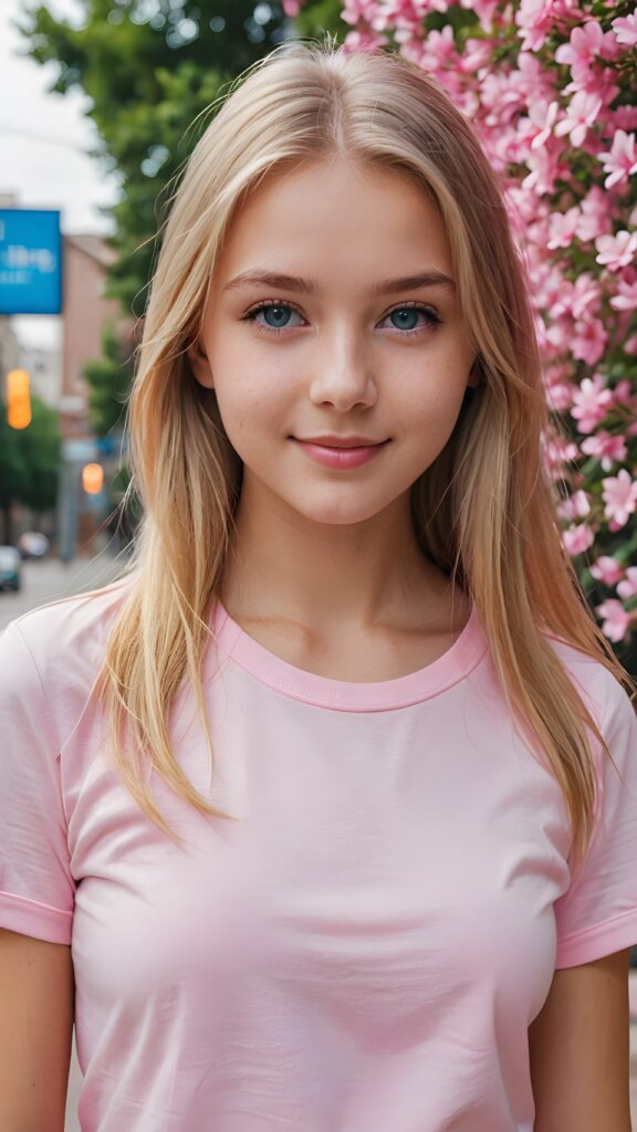 a portrait of a young girl with silky smooth, straight long blonde hair. Her hair falls over her shoulders and covers her upper body. She has sparkling, light blue eyes and a charming smile, ((she wears a tight, form-fitting short pink empty T-shirt))