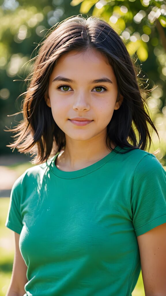 a portrait of a young, beautiful teen girl, 13 years old, with shoulder-length black soft hair, her eyes shine and she has flawless skin, a perfect face, short cropped plain t-shirt, against a sunny green backdrop