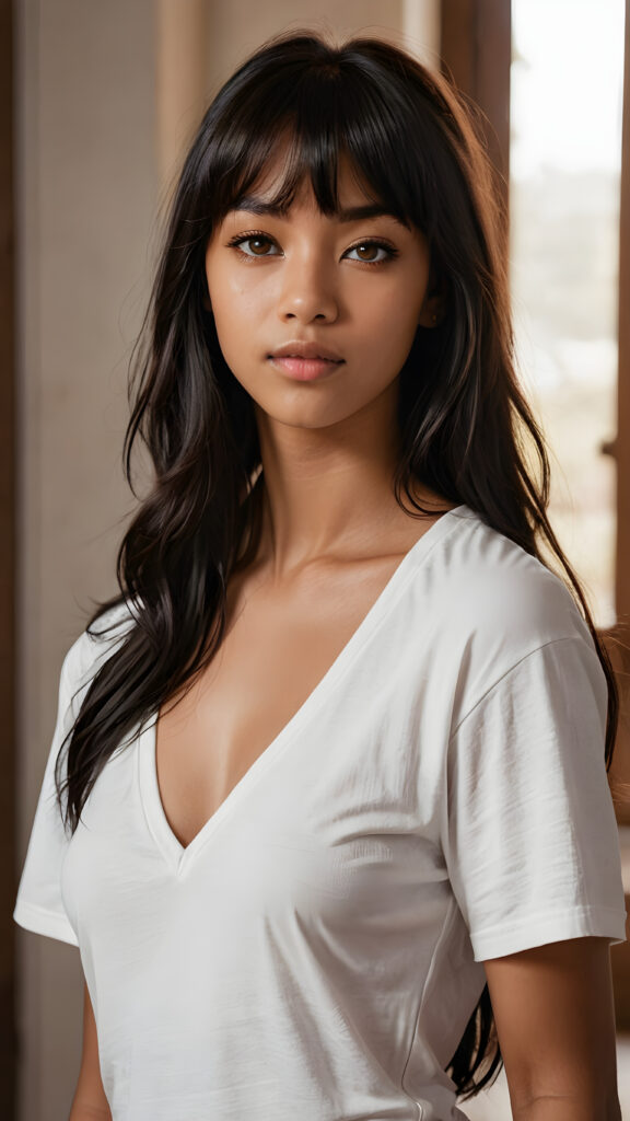 a (((portraits of a girl that look like a teen version of angel girl))) with a (((long, softly curved, obsidian-black hair)))), (((bangs))), (((brown skin))), (((muscularity accentuated))), ((cropped t-shirt)), (((deep v-neck))), ((realistic detailed brown eye)) that look like a (((mystical girl))) with a backdrop of a (((white sanctuary)))