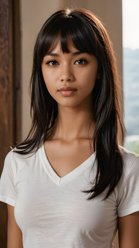 a (((portraits of a girl that look like a teen version of angel girl))) with a (((long, softly curved, obsidian-black hair)))), (((bangs))), (((brown skin))), (((muscularity accentuated))), ((cropped t-shirt)), (((deep v-neck))), ((realistic detailed brown eye)) that look like a (((mystical girl))) with a backdrop of a (((white sanctuary)))