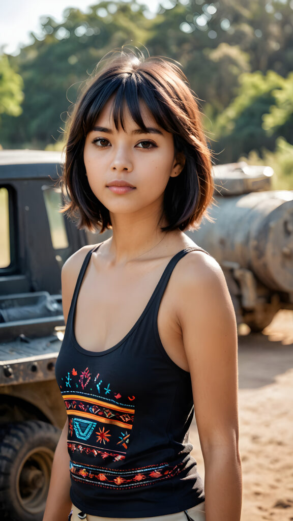 a (((pretty indigenous girl))) with short, flowing black soft straight hair with bangs and (((brown eyes))), dressed in a (((tank top))) that showcases her perfectly curved body, she is perfect, detailed face, full lips