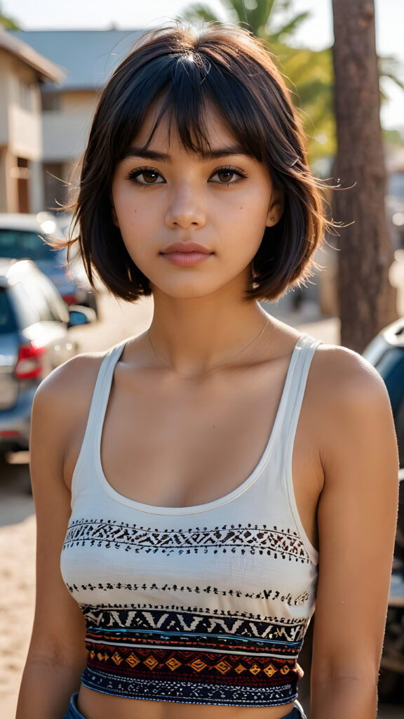 a (((pretty indigenous girl))) with short, flowing black soft straight hair with bangs and (((brown eyes))), dressed in a (((tank top))) that showcases her perfectly curved body, she is perfect, detailed face, full lips