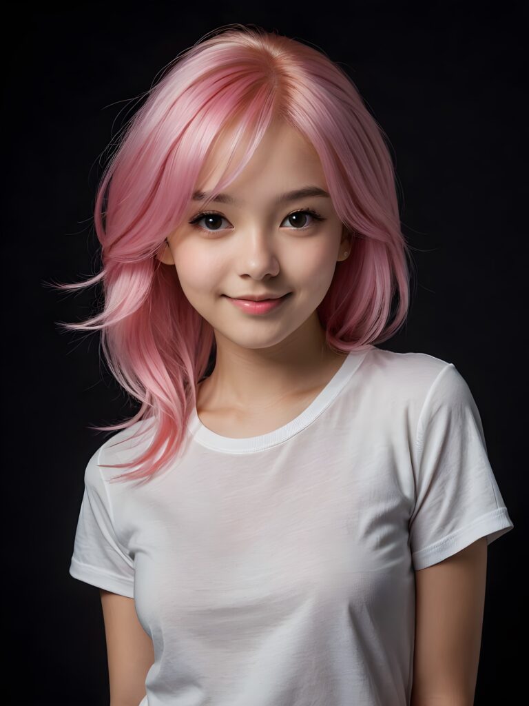 a pretty young girl with silky smooth pink hair wears a thin T-shirt and looks cheerfully at the viewer, ((dark backdrop)), ((perfect light and shadows support the pictures))