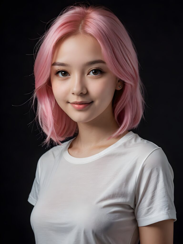 a pretty young girl with silky smooth pink hair wears a thin T-shirt and looks cheerfully at the viewer, ((dark backdrop)), ((perfect light and shadows support the pictures))