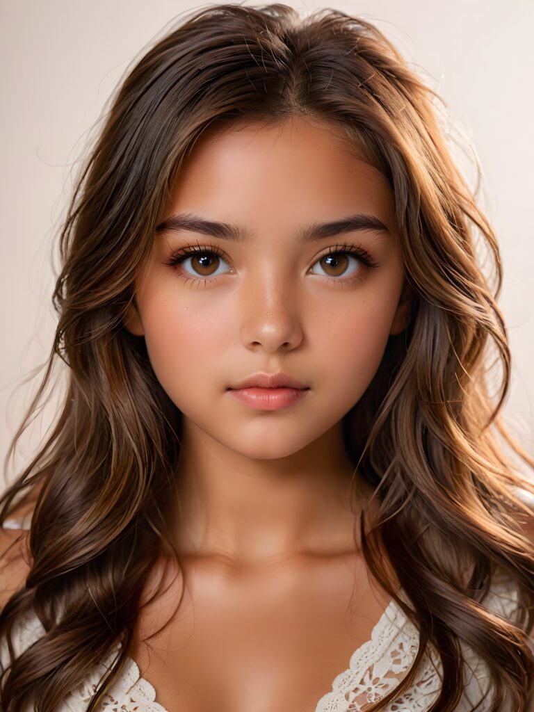 a (((professional photograph))) featuring a tanned young girl with a (serious expression) around her eyes, long wavy brown hair, with a focus on ultra-high detail and a dimmed, diffused light source that highlights her features while casting a soft, warm glow across the scene