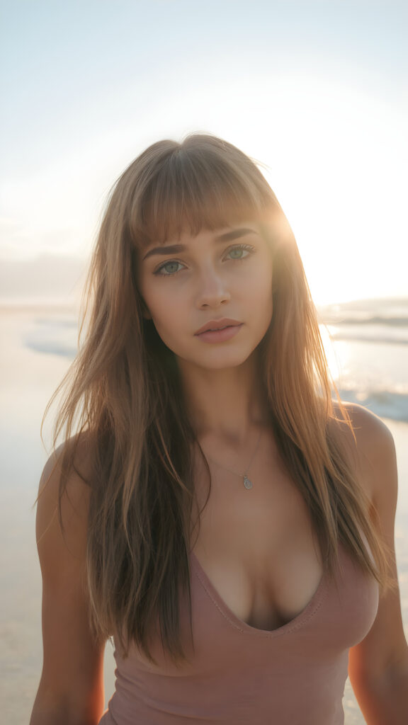 a (((professional ultra high resolution photograph))) featuring a tanned with warm highlights and soft hazelnut long straight hair with bangs that gently frame her face, she wears a deep v-neck thin tank top. The sun is rising behind her on a lonely beach with a small waves gently crashing along the shore as the morning mist is still on the ocean surface with the warm light from the early morning sun beaming on her face as she gazes out towards the camera under a clear blue sky with a cloudy day turning into a sunny one